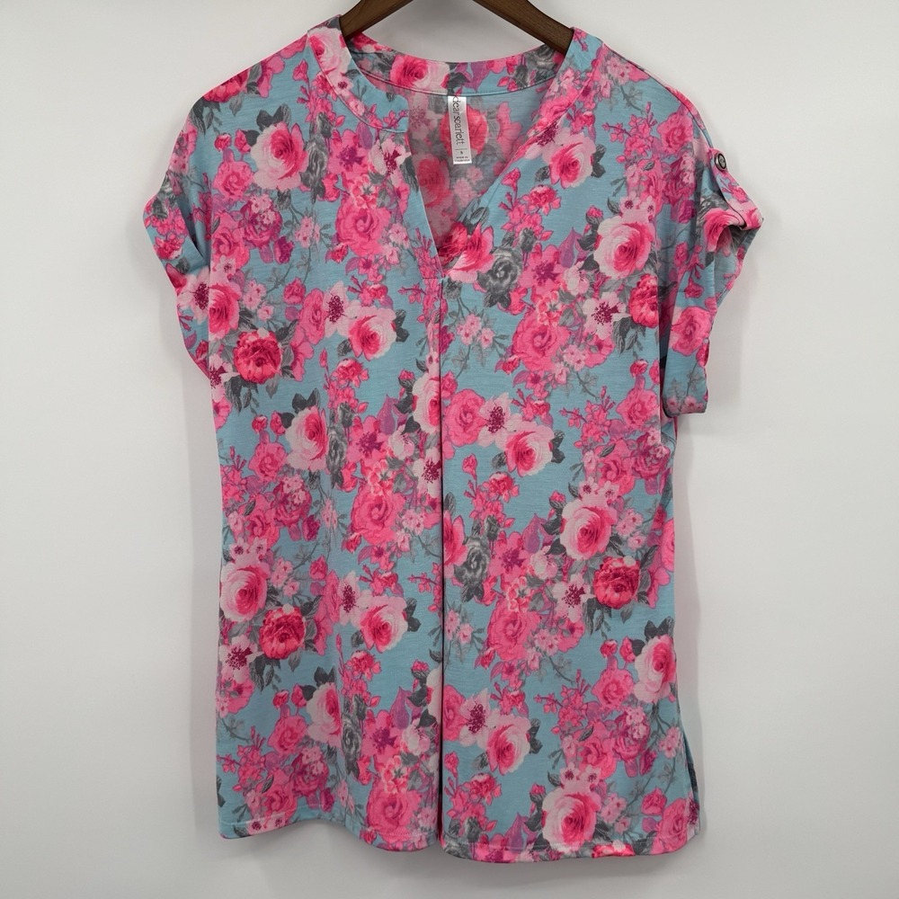 Dear Scarlett Blouse Womens Small‎ Pink Floral Tunic Top Slinky V Neck Liz